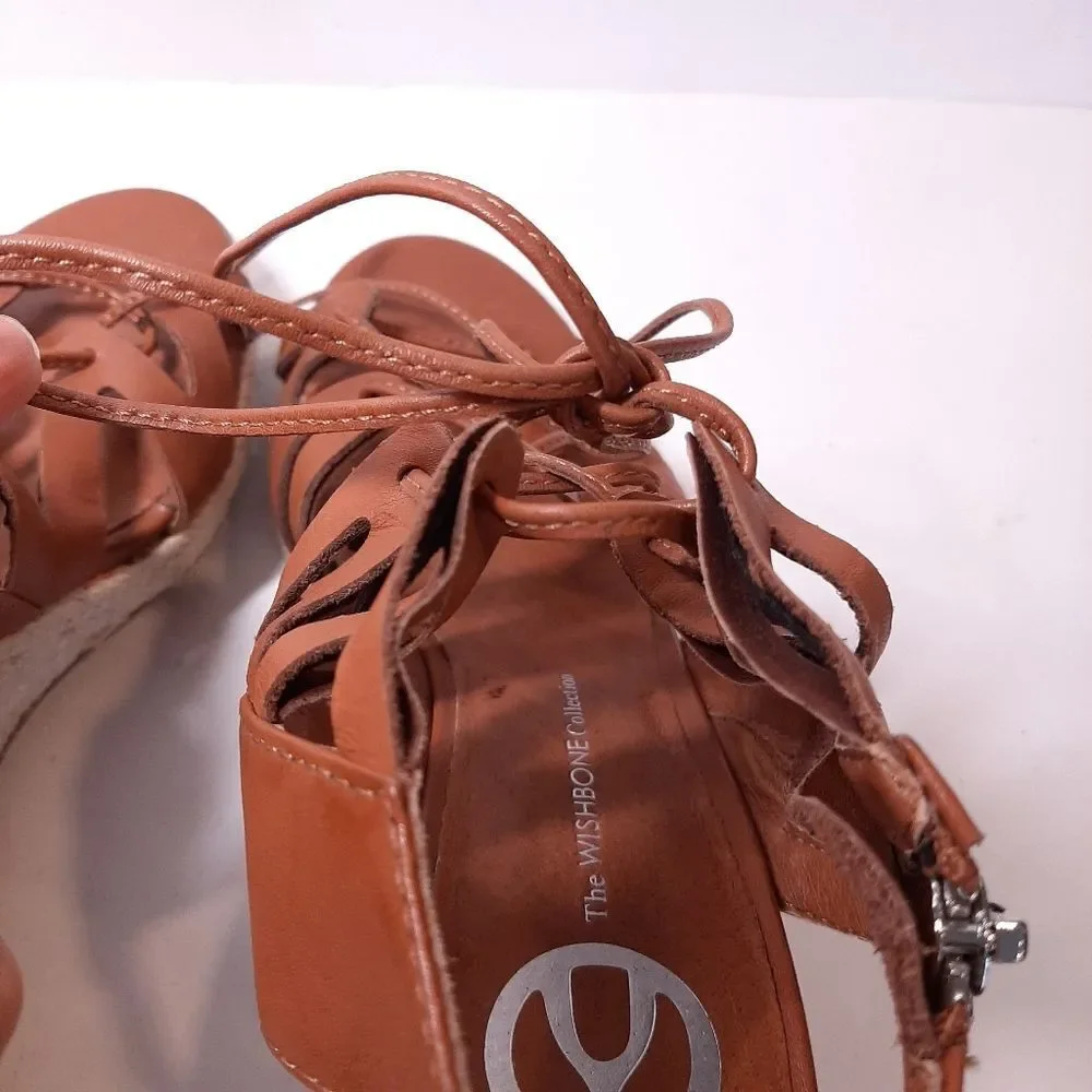 Wishbone Faux Leather Strappy Lace Up Espadrille Wedge Sandals Heels Shoes 7